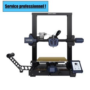 Może przedstawiać: Czarna drukarka 3D z niebiesko-czarną ekstruderką i złotym stołem roboczym. Drukarka ma czarną ramę i niebieski panel sterowania z napisem "ANYCUBIC". Drukarka jest oznaczona jako "VYPER" z boku.