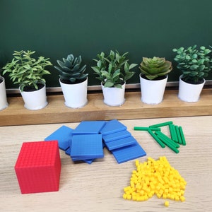 Op de afbeelding: Een verzameling kleurrijke wiskundige manipulatiemiddelen, waaronder een rode kubus, blauwe vierkanten, groene staven en gele kubussen, gerangschikt op een houten oppervlak. Kleine potplanten in witte bakken worden op een plank getoond. Leermiddelen.