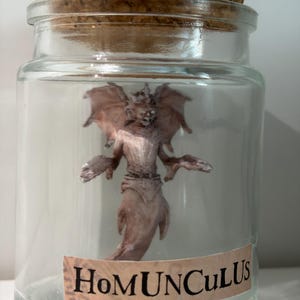 May include: A glass jar with a cork stopper, housing a small, brown, winged figure. The figure has a humanoid form with outstretched arms. A label on the jar reads "HoMUNCULuS".