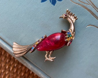 Unique Vintage Red Stone Peacock Brooch with Rainbow Gems, Gold Plated