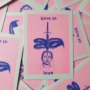 BORN TO LOSE, cartolina stampata Riso, Risograph, stampa collage, collage analogico, tecnica mista, opera d'arte originale, Johnny Thunders, Motorhead