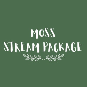 Peut inclure: Texte blanc sur fond vert : « Moss Stream Package » avec deux petites branches de feuilles de chaque côté du texte.
