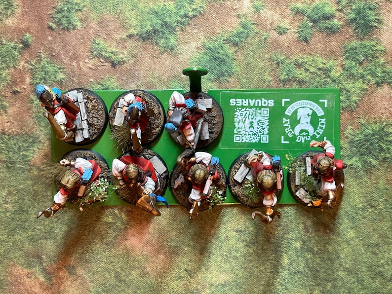 May include: Miniature figurines of fantasy characters, each mounted on a circular base with detailed terrain. The figures are dressed in red and white attire with blue accents. A green tray with the text "SQUARES" holds the bases.