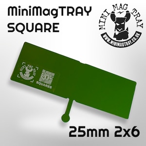 May include: A green rectangular MiniMagTRAY SQUARE with a rounded end and a small circular extension. The tray has the text "MiniMagTRAY SQUARE" and "25mm 2x6" printed on it. A logo and QR code are also visible.
