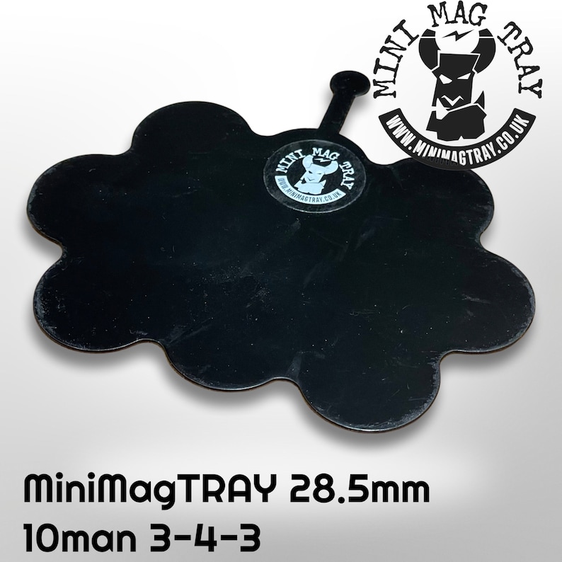 May include: Black MiniMagTRAY with a unique cloud-like shape and a handle. The tray has a diameter of 28.5mm. The MiniMagTRAY logo is visible. The text "10man 3-4-3" is also displayed.