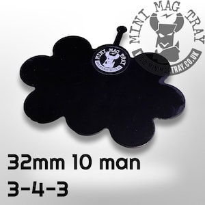 May include: A black, cloud-shaped tray with a small handle and a circular logo that reads "Mini Mag Tray". The text "32mm 10 man" and "3-4-3" are printed below the tray. The tray is designed for organizing small items.