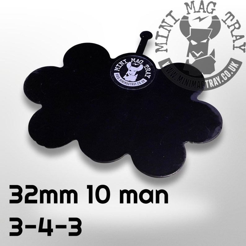 May include: A black, cloud-shaped tray with a small handle and a circular logo that reads "Mini Mag Tray". The text "32mm 10 man" and "3-4-3" are printed below the tray. The tray is designed for organizing small items.