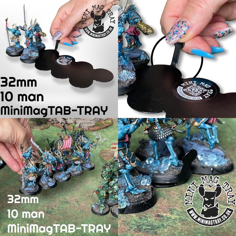 May include: Black MiniMagTAB-TRAY with miniature figurines. The tray is designed to hold 10 figurines, each 32mm in size. The MiniMagTAB-TRAY has the Mini Mag Tray logo and website address printed on it.