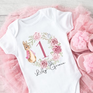 First Birthday Baby Vest Personalised with Name - Rabbit baby vest - Babys 1st Birthday Vest - Birthday Bodysuit - 1st Birthday Outfit imagem 1
