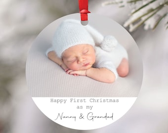 Personalised Happy First Christmas as my Nanny and Grandad Bauble - Custom Christmas Tree Decoration - Photo Bauble - Grandparent Gift Xmas