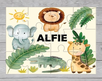 Personalised Name Kids Jigsaw Puzzle - Jungle Animal Puzzle - Custom Puzzle For Children - Kids Custom Jigsaw - Childs Name on Puzzle