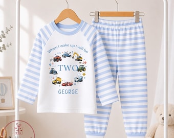 Personalised Boys Blue Cars/Excavator Vehicles Pyjamas - When I Wake Up Birthday Pjs -  Birthday Eve Pyjamas - 1st 2nd 3rd Birthday Outfit