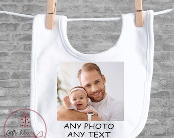 Personalised Photo and Text Baby Bib - Own Photo and Text Baby Bib - New Baby Gift - Custom Bib -  Pull Over Bib - Baby Shower Gift