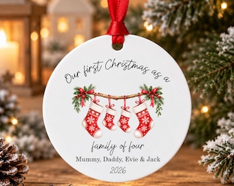 Personalised First Christmas as a Family of Four Bauble, New Baby Christmas Decoration, Family of 4 Keepsake, Christmas Stocking Ornament