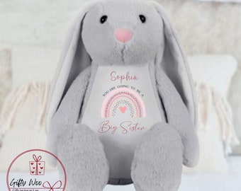 Sie werden eine große Schwester sein, ein Bunny-Kaninchen-Stofftier, das zu großer Schwester-Teddybär-befördert wird - große Schwester-Ankündigung - große Schwester-Teddybär