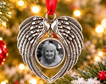 Personalised Angel Wings Memorial Christmas Decoration, Photo Remembrance Bauble, In Memory of Loved One, Sympathy Keepsake Gift