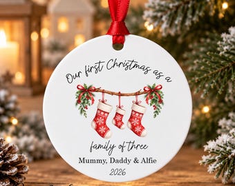Personalised First Christmas as a Family of Three Bauble, New Baby Christmas Decoration, Family of 3 Keepsake, Christmas Stocking Ornament