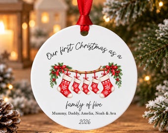 Personalised First Christmas as a Family of Five Bauble, New Baby Christmas Decoration, Family of 5 Keepsake, Christmas Stocking Ornament