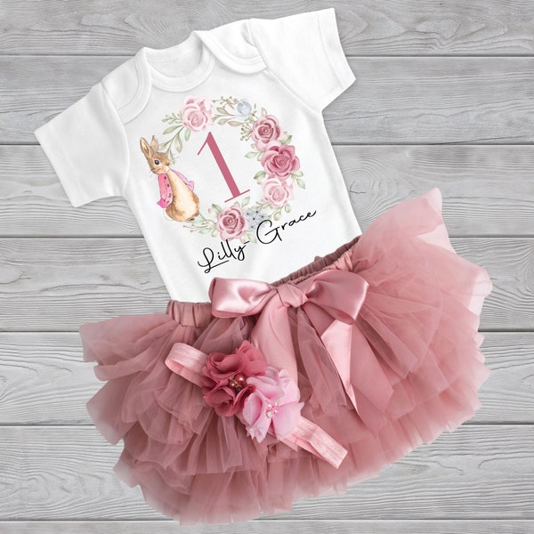 Personalised  Girls First Birthday Full Outfit Vest and Tutu - Rabbit Birthday Vest - Birthday Tutu - Birthday Onesie- 1st Birthday Outfit