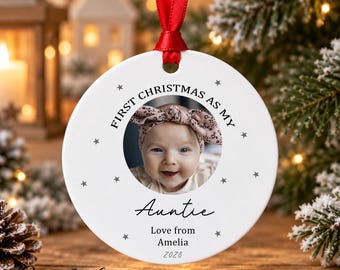 Personalised First Christmas as Auntie Photo Bauble - Auntie and Uncle or Nanny and Grandad Decoration - Grandparent Metal Ornament
