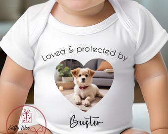 Personalised Loved And Protected By Dog Baby Vest - Protected By Dog Pet Baby Outfit - New Baby Gift - Dog Best Friend - Dog Lover Baby Vest