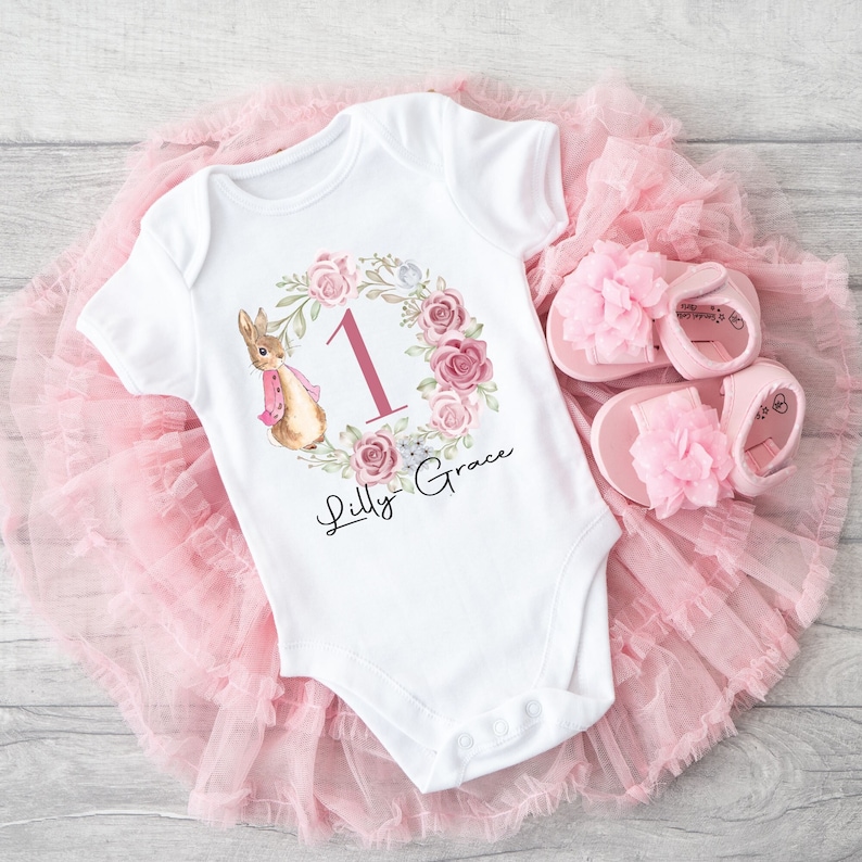 First Birthday Baby Vest Personalised with Name - Rabbit baby vest - Babys 1st Birthday Vest - Birthday Bodysuit - 1st Birthday Outfit imagem 1