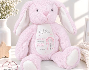 Personalised New Baby Bunny Rabbit Soft Toy Gift - Birth Stats Teddy Bear - Newborn Baby Gift - Baby Keepsake -Soft Toy - Baby Shower Gift
