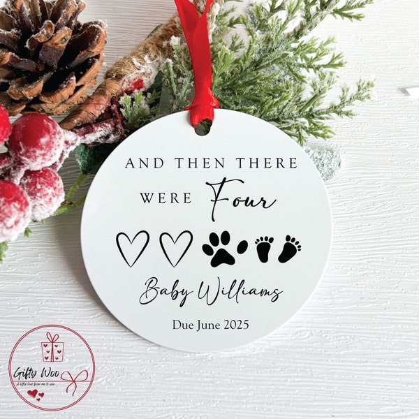And then there were 4 Christmas Preganacy Announcement Bauble - Baby Due Tree Decoration - Bumps first Christmas - Baby Reveal Surprise