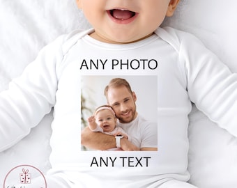 Any Photo Any Text Personalised Babygrow - Photo Baby Vest - Custom Photo and Text Vest - Your Own Text Baby Vest - Photo Upload Vest