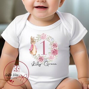First Birthday Baby Vest Personalised with Name - Rabbit baby vest - Babys 1st Birthday Vest - Birthday Bodysuit - 1st Birthday Outfit imagem 2