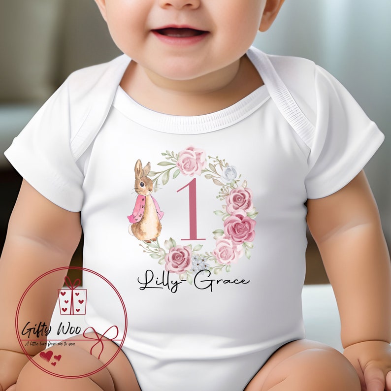 First Birthday Baby Vest Personalised with Name - Rabbit baby vest - Babys 1st Birthday Vest - Birthday Bodysuit - 1st Birthday Outfit imagem 2