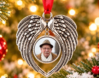 Personalised Angel Wings Memorial Christmas Decoration, Photo Remembrance Bauble, In Memory of Loved One, Sympathy Keepsake Gift