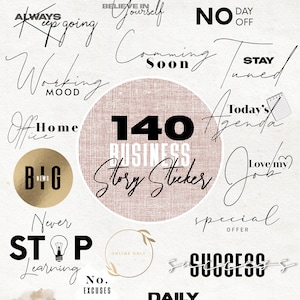 Könnte beinhalten: Eine Sammlung von 10 rosa und weißen Business-Story-Stickern mit verschiedenen motivierenden Zitaten und Sätzen. Die Sticker zeigen Text wie "Immer weitermachen", "Glaube an dich", "Bald verfügbar", "Bleib dran", "Tagesordnung von heute", "Ich liebe meinen Job", "Niemals aufhören zu lernen", "Keine Ausreden", "Sei die beste Version deiner selbst", "Sonderangebot", "Erfolg", "Tägliches Geschäft", "Große Neuigkeiten", "Büro zu Hause", "Großer Traum", und "140 Business-Story-Sticker".