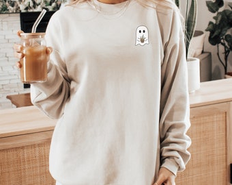 Ghost Coffee Crewneck Sweatshirt || Ghost with Iced Coffee Sweatshirt || Halloween Ghost Tshirt || Spooky Season || Trendy || Preppy
