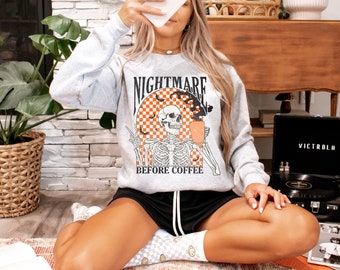 Nightmare Before Coffee Tshirt || Halloween Skeleton Coffee Shirt || Vintage Halloween Tshirt || Gothic || Spooky Season || Trendy || Preppy