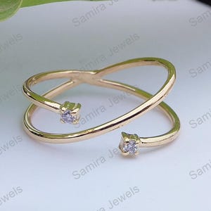 Two Diamond Band Stackable Ring 14k Yellow Gold Spiral Diamond Cuff Ring, Open Cuff Coil Ring, Statement Ring For Women, Anniversary Ring
