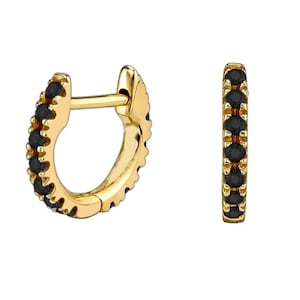 Gold Hoop Earrings, 14k Gold Huggie, Micro Pave Black Stone Hoop Earrings, Dainty Hoops Sister Gift
