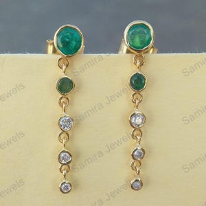 Natural Emerald & Diamond Dangle Drop  Earrings 14k Solid Yellow Gold Bezel Set Emerald Earrings Wedding Jewelry Gift For Women&#39;s