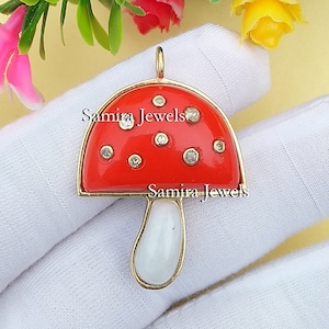 14K Yellow Gold Plated Mushroom Pendant, Coral Moonstone & Diamond Mushroom Pendant, Woman Designer Mushroom Jewelry