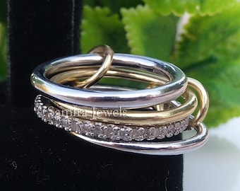 Genuine Pave Diamond Ring Interlocking Bands, 4 Set Diamond Band Ring, Solid Silver Stacking Diamond Ring Jewelry Gift for Her
