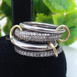 Genuine Three Row Pave Diamond Ring Interlocking Bands, 4 Set Diamond Band Ring, Solid Silver Stacking Diamond Ring Jewelry Gift for Her