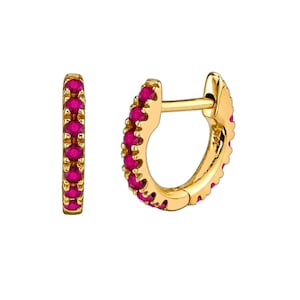 Genuine Ruby Huggie Earrings 14k Solid Gold Earrings, 0.06 Ct Ruby Hoop, Fine Jewelry Gift For Her
