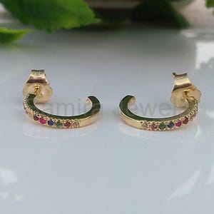 Rainbow Sapphire Huggie Earrings, 14K Yellow Gold Push Back Hoop Earrings, Multi Sapphire Hoops, Party Wear Jewelry Gift for Her