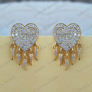 0.44 ct Natural Diamond Pave Heart Fringe Stud Earrings 14k Solid Yellow gold Minimalist Fine Jewelry Gift For Her