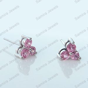 0.28 Ct Pink Sapphire Trio Stud Earrings 14k Solid White Gold Handmade Jewelry Gift For Her