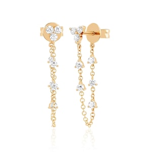 0.22 Ct Trio Prong Set Diamond Chain Stud Earrings 14k Solid Yellow Gold, Multi Diamond Stud, Wedding Jewelry, Gift For Women&#39;s
