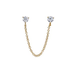 Mini Double Stud Chain Earrings 14k Yellow Gold Diamond Drop Chain Earrings Minimalist Jewelry Gift For Wife