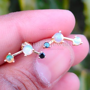 Ethiopian Opal and Black Diamond Stud Earrings, Gemstone Studs, Party Wear 14K Yellow Gold Jewelry, Handmade Earrings, Birthday Gift