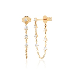 0.36 Ct Prong Set Diamond Chain Stud Earring, 14k Solid Yellow Gold, Diamond Wrap Chain Earring, Christmas Gift, Party Wear Jewelry Gift