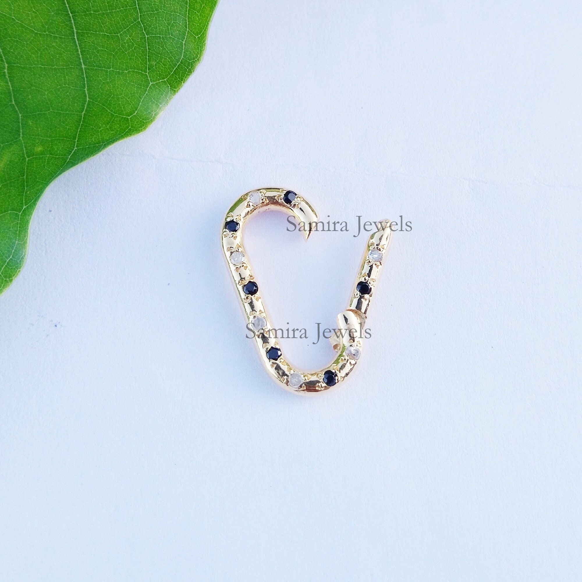 White & Black Diamond Enhancer Lock, 925 Silver Gold Plated Charms Holder, Diamond Push Lock, Handmade Enhancer Lock Jewelry
